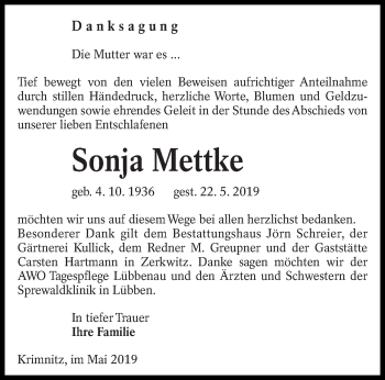Traueranzeige von Sonja Mettke von lausitzer_rundschau