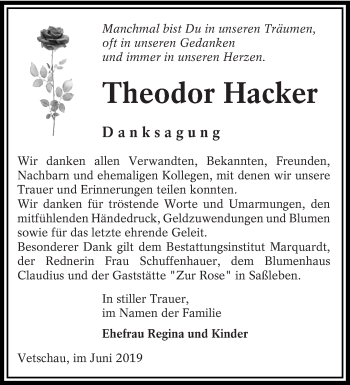 Traueranzeige von Theodor Hacker von lausitzer_rundschau