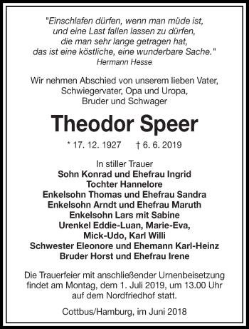 Traueranzeige von Theodor Speer von lausitzer_rundschau