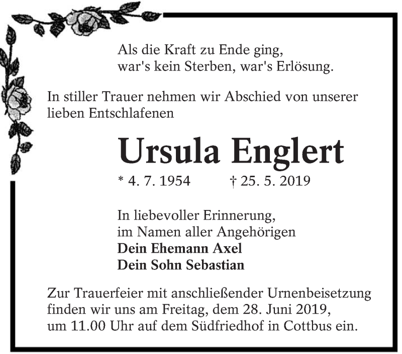  Traueranzeige für Ursula Englert vom 15.06.2019 aus lausitzer_rundschau