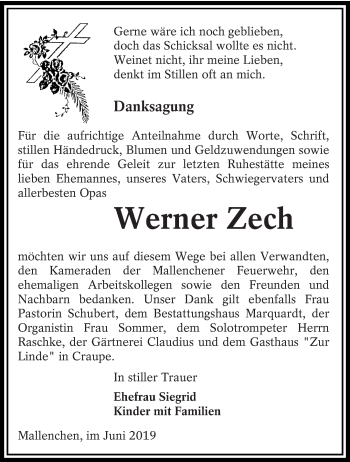 Traueranzeige von Werner Zech von lausitzer_rundschau