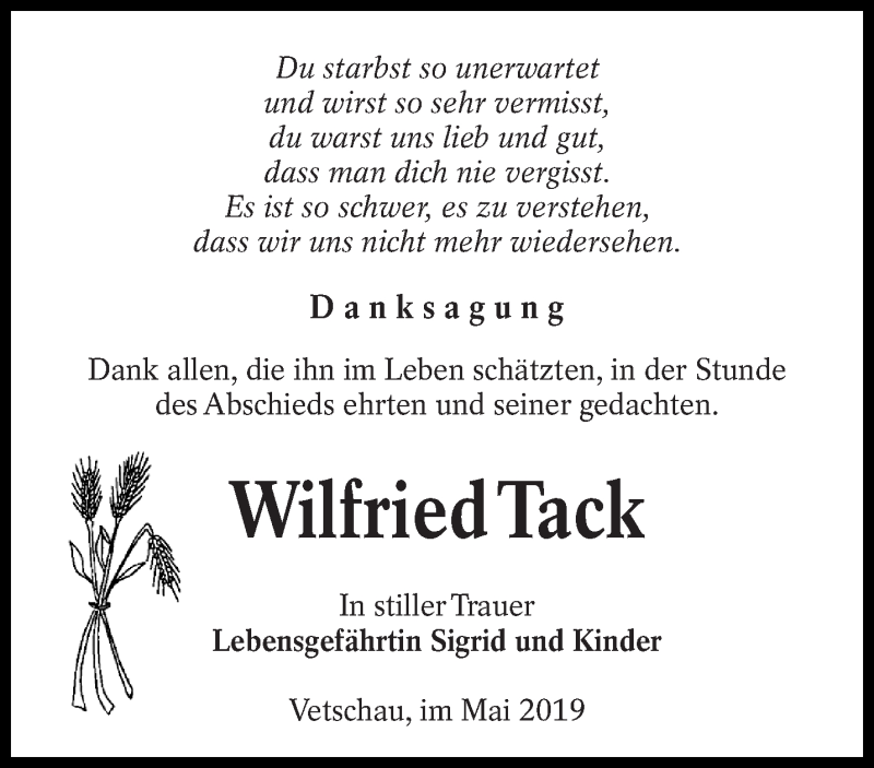  Traueranzeige für Wilfried Tack vom 01.06.2019 aus lausitzer_rundschau