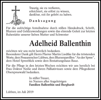 Traueranzeige von Adelheid Ballenthin von lausitzer_rundschau