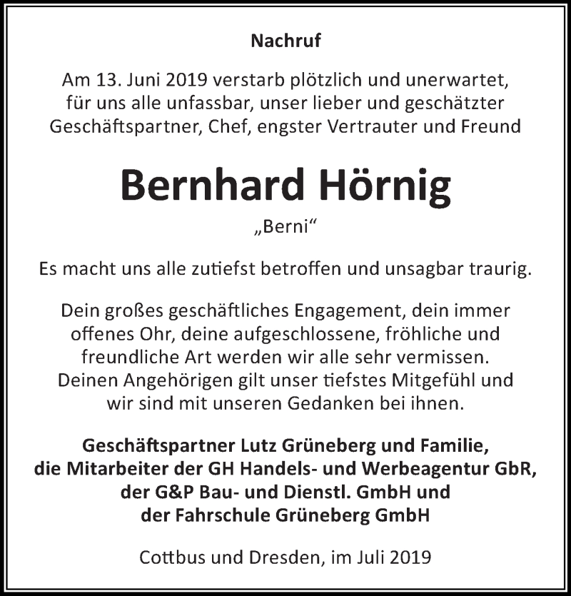 Traueranzeige für Bernhard Hörnig vom 13.07.2019 aus lausitzer_rundschau