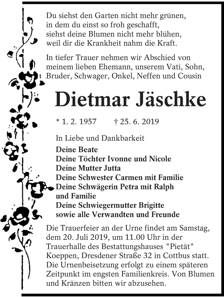  Traueranzeige für Dietmar Jäschke vom 13.07.2019 aus lausitzer_rundschau