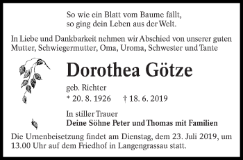Traueranzeige von Dorothea Götze von lausitzer_rundschau