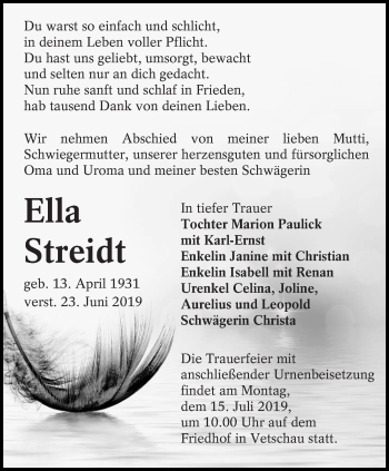 Traueranzeige von Ella Streidt von lausitzer_rundschau