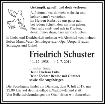 Traueranzeige von Friedrich Schuster von lausitzer_rundschau