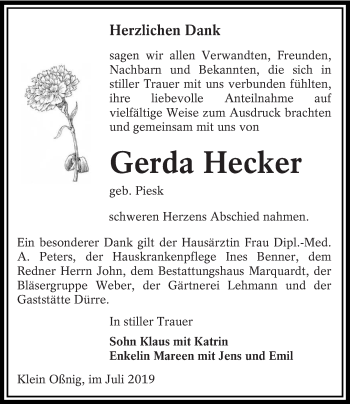 Traueranzeige von Gerda Hecker von lausitzer_rundschau