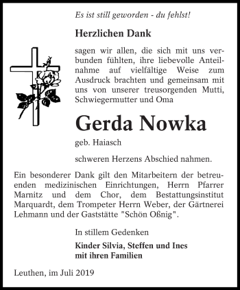 Traueranzeige von Gerda Nowka von lausitzer_rundschau