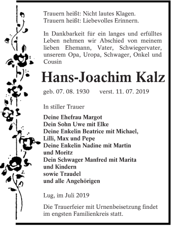 Traueranzeige von Hans-Joachim Kalz von lausitzer_rundschau