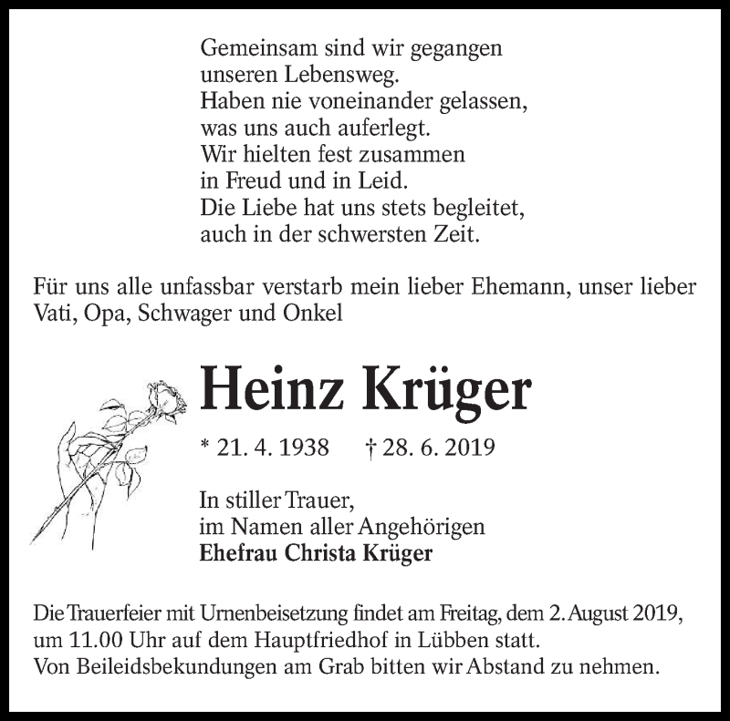  Traueranzeige für Heinz Krüger vom 05.07.2019 aus lausitzer_rundschau