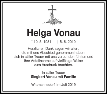 Traueranzeige von Helga Vonau von lausitzer_rundschau