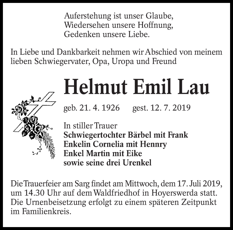  Traueranzeige für Helmut Emil Lau vom 13.07.2019 aus lausitzer_rundschau