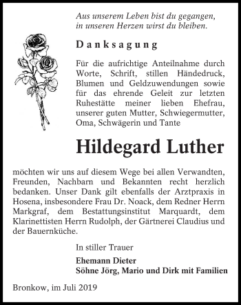 Traueranzeige von Hildegard Luther von lausitzer_rundschau