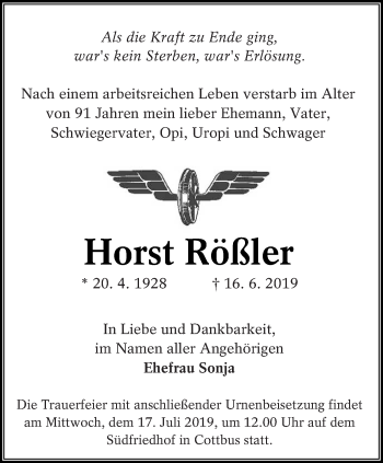 Traueranzeige von Horst Rößler von lausitzer_rundschau