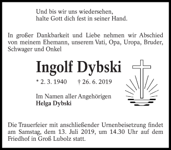 Traueranzeige von Ingolf Dybski von lausitzer_rundschau