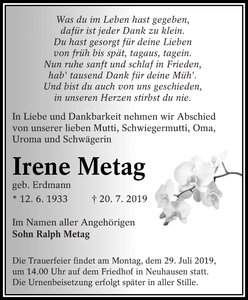  Traueranzeige für Irene Metag vom 27.07.2019 aus lausitzer_rundschau