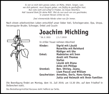 Traueranzeige von Joachim Michling von lausitzer_rundschau