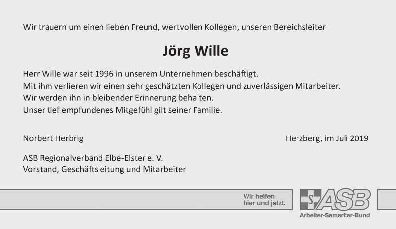  Traueranzeige für Jörg Wille vom 27.07.2019 aus lausitzer_rundschau