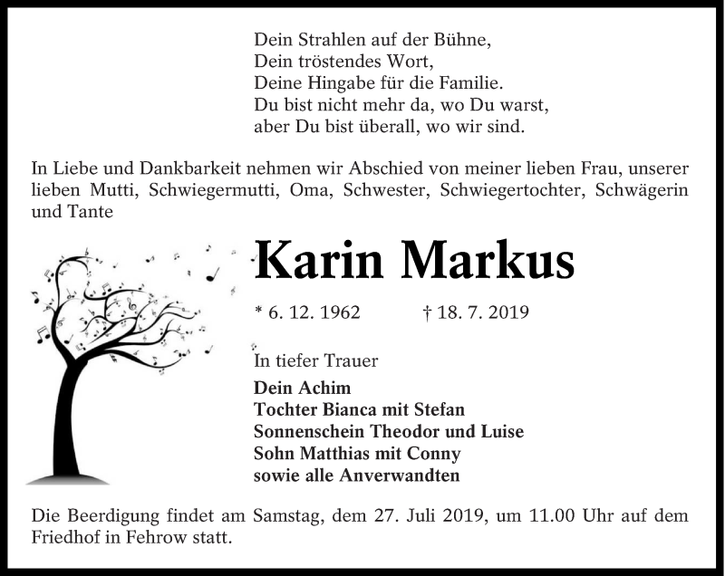  Traueranzeige für Karin Markus vom 23.07.2019 aus lausitzer_rundschau
