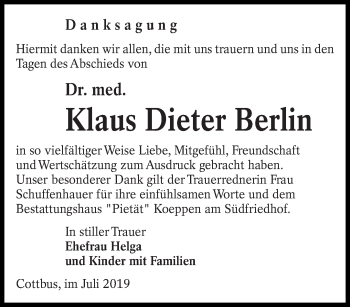 Traueranzeige von Klaus Dieter Berlin von lausitzer_rundschau