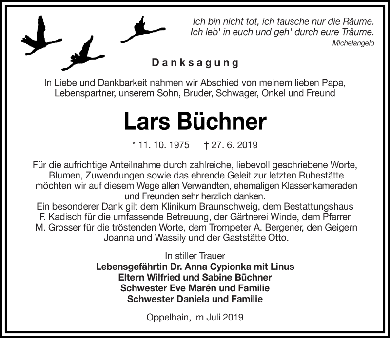  Traueranzeige für Lars Büchner vom 27.07.2019 aus lausitzer_rundschau