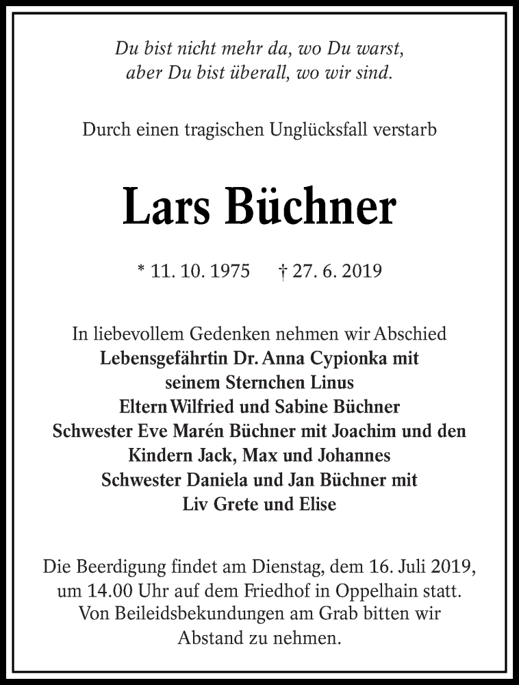  Traueranzeige für Lars Büchner vom 06.07.2019 aus lausitzer_rundschau