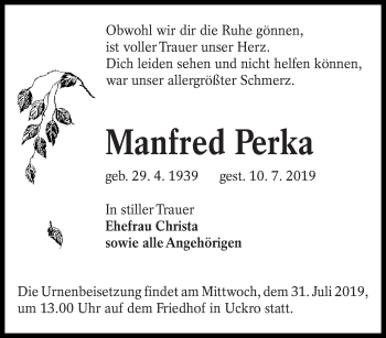 Traueranzeige von Manfred Perka von lausitzer_rundschau