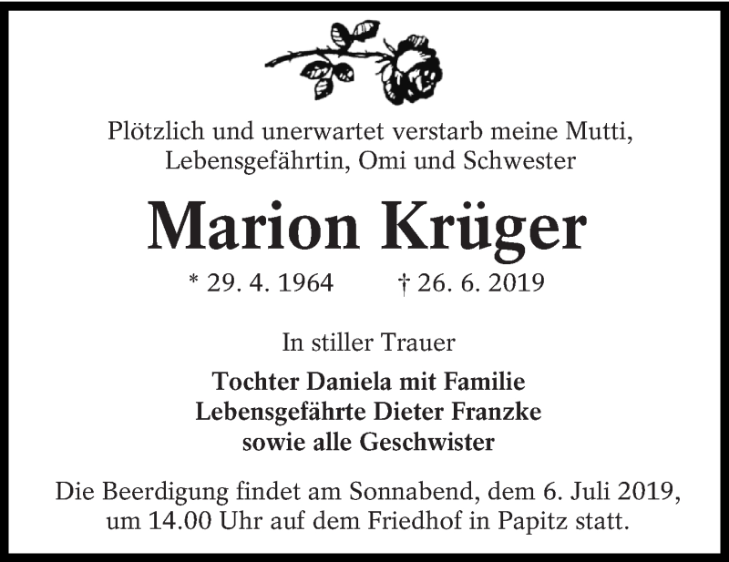  Traueranzeige für Marion Krüger vom 04.07.2019 aus lausitzer_rundschau