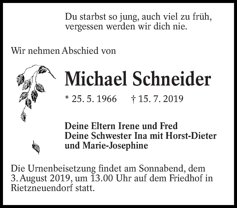  Traueranzeige für Michael Schneider vom 18.07.2019 aus lausitzer_rundschau