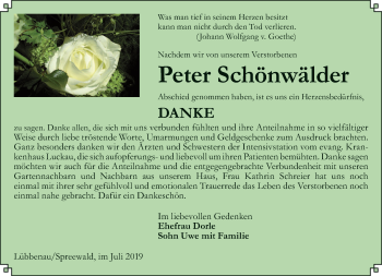 Traueranzeige von Peter Schönwälder von lausitzer_rundschau