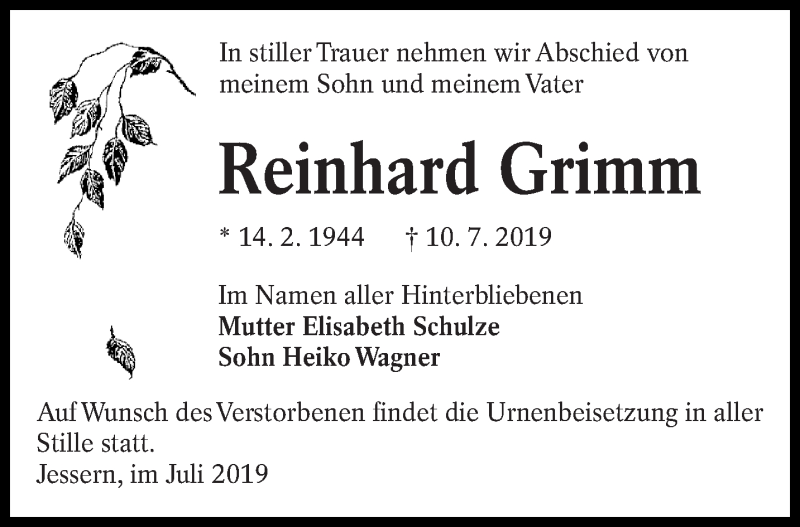  Traueranzeige für Reinhard Grimm vom 20.07.2019 aus lausitzer_rundschau
