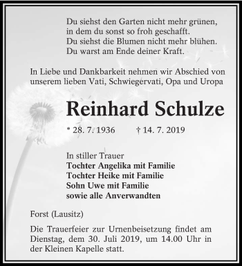 Traueranzeige von Reinhard Schulze von lausitzer_rundschau