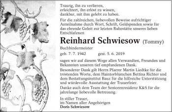 Traueranzeige von Reinhard Schwiesow von lausitzer_rundschau