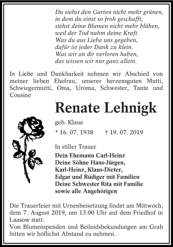 Traueranzeige von Renate Lehnigk von lausitzer_rundschau