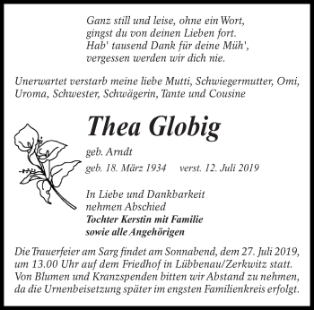 Traueranzeige von Thea Globig von lausitzer_rundschau