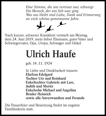 Traueranzeige von Ulrich Haufe von lausitzer_rundschau