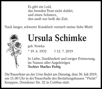 Traueranzeige von Ursula Schimke von lausitzer_rundschau