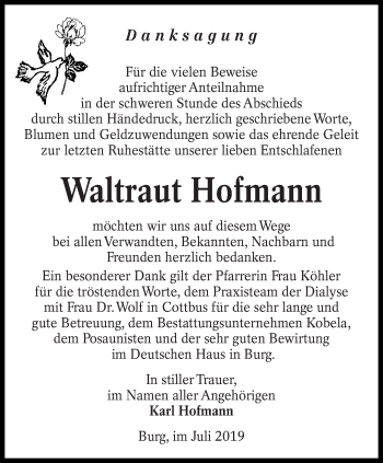 Traueranzeige von Waltraut Hofmann von lausitzer_rundschau