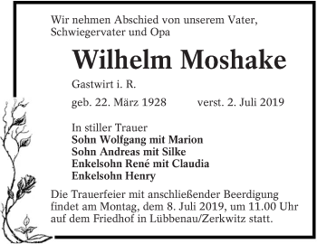 Traueranzeige von Wilhelm Moshake von lausitzer_rundschau
