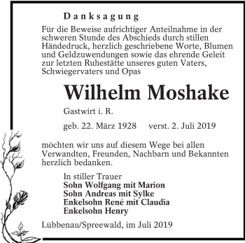 Traueranzeige von Wilhelm Moshake von lausitzer_rundschau