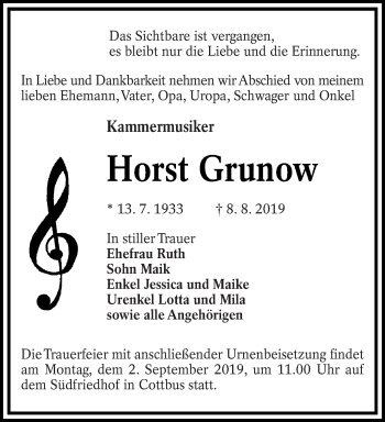 Traueranzeige von 
Horst Grunow von lausitzer_rundschau