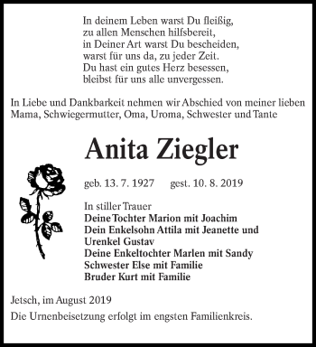 Traueranzeige von Anita Ziegler von lausitzer_rundschau