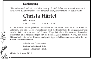Traueranzeige von Christa Härtel von lausitzer_rundschau