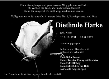 Traueranzeige von Dietlinde Harke von lausitzer_rundschau