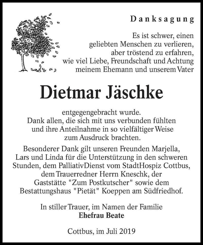  Traueranzeige für Dietmar Jäschke vom 03.08.2019 aus lausitzer_rundschau