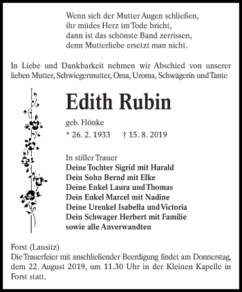 Traueranzeige von Edith Rubin von lausitzer_rundschau