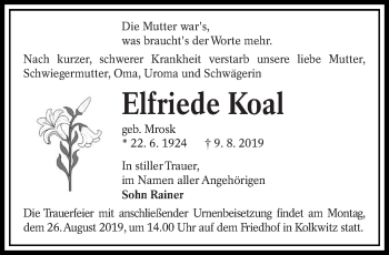 Traueranzeige von Elfriede Koal von lausitzer_rundschau