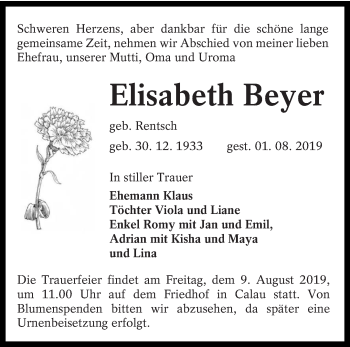 Traueranzeige von Elisabeth Beyer von lausitzer_rundschau